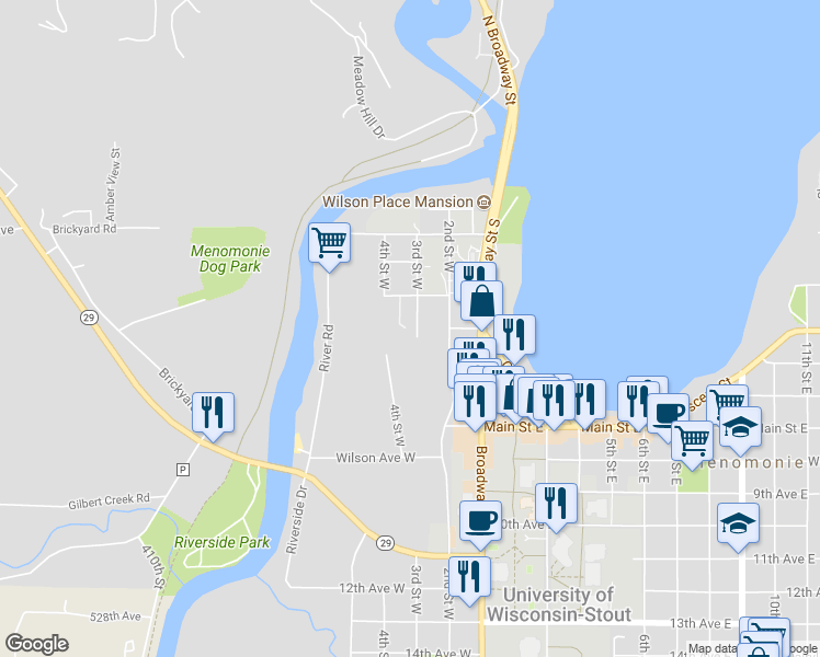 map of restaurants, bars, coffee shops, grocery stores, and more near 327 3rd Street West in Menomonie