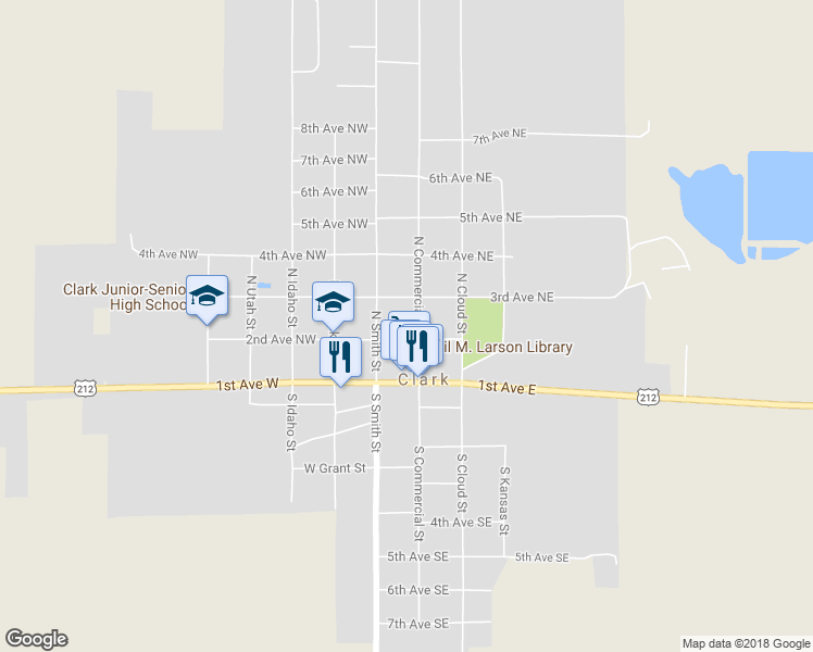 map of restaurants, bars, coffee shops, grocery stores, and more near 200 North Commercial Street in Clark
