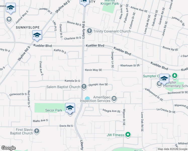 map of restaurants, bars, coffee shops, grocery stores, and more near 135 Kevin Way Southeast in Salem