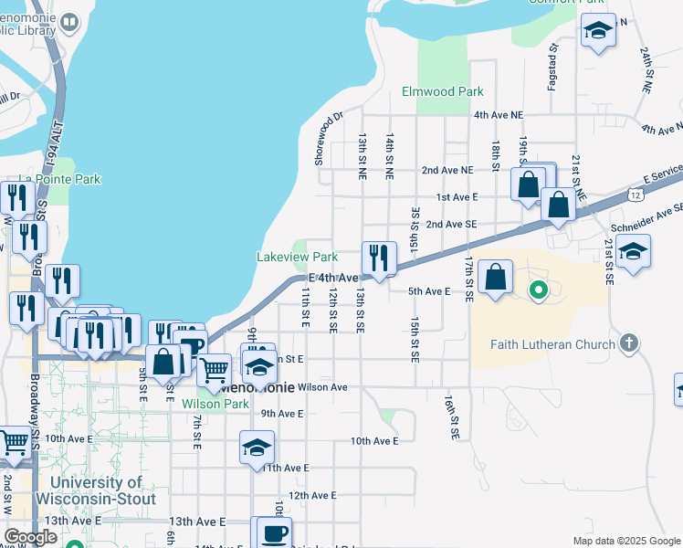 map of restaurants, bars, coffee shops, grocery stores, and more near 302 12th Street Northeast in Menomonie