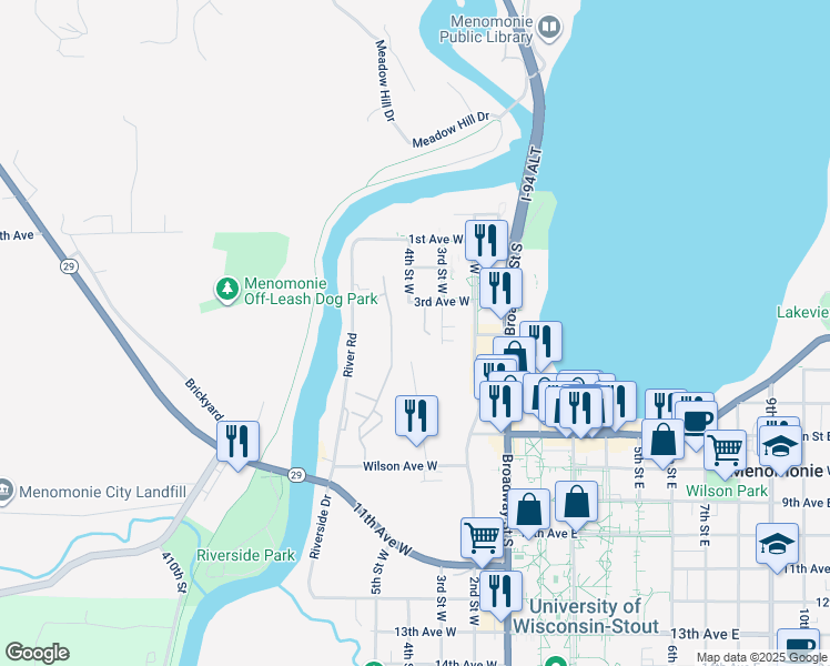 map of restaurants, bars, coffee shops, grocery stores, and more near 320 3rd Avenue West in Menomonie