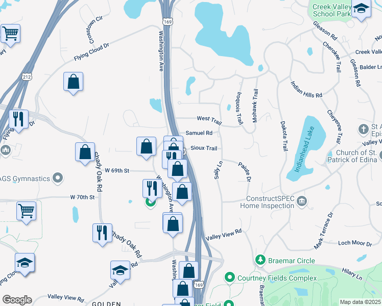 map of restaurants, bars, coffee shops, grocery stores, and more near 6724 Sioux Trail in Minneapolis