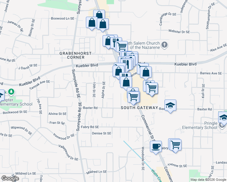 map of restaurants, bars, coffee shops, grocery stores, and more near 5314 Regan Court Southeast in Salem