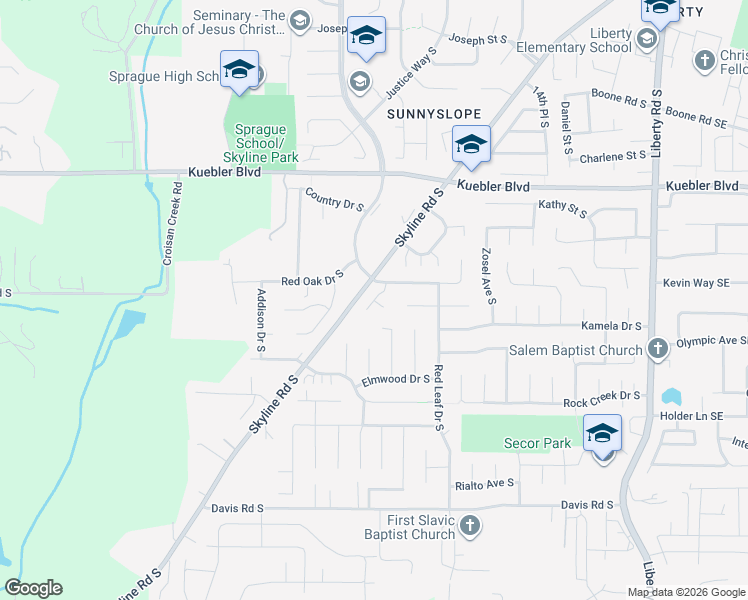 map of restaurants, bars, coffee shops, grocery stores, and more near 5237 Springcrest Drive South in Salem