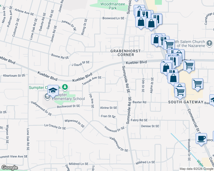 map of restaurants, bars, coffee shops, grocery stores, and more near 825 Melissa Street Southeast in Salem