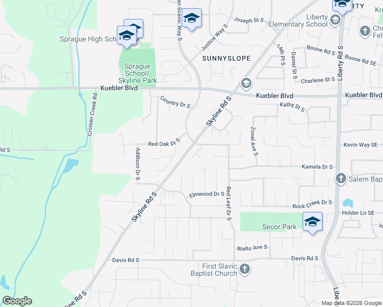 map of restaurants, bars, coffee shops, grocery stores, and more near 5245 Springcrest Drive South in Salem