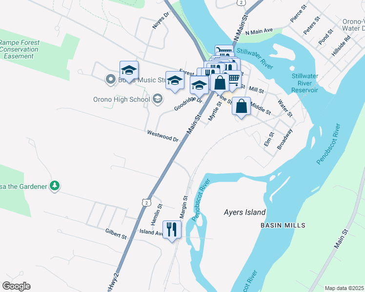 map of restaurants, bars, coffee shops, grocery stores, and more near 120 Main Street in Orono
