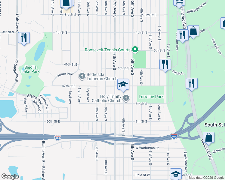 map of restaurants, bars, coffee shops, grocery stores, and more near 720 7th Street South in South Saint Paul