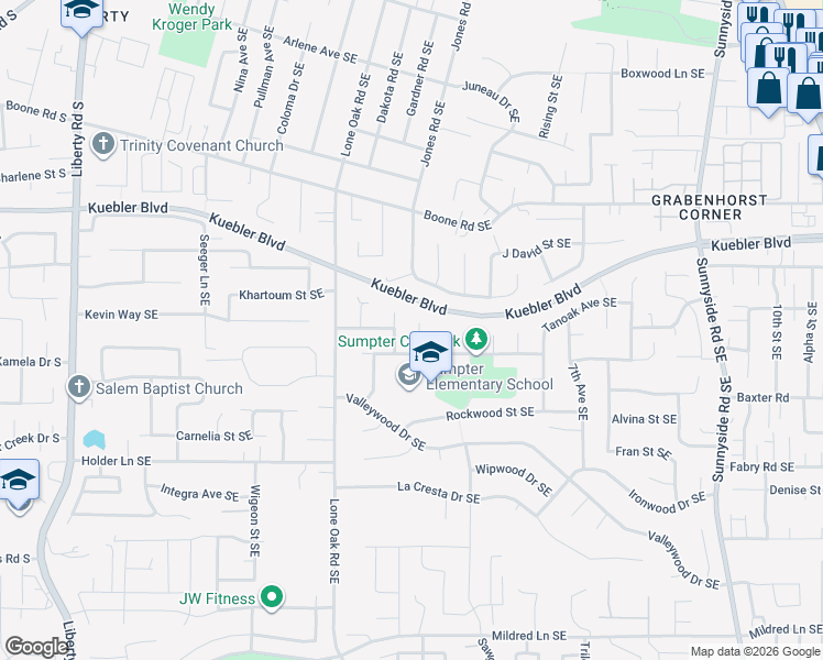 map of restaurants, bars, coffee shops, grocery stores, and more near 5235 Tariff Court Southeast in Salem