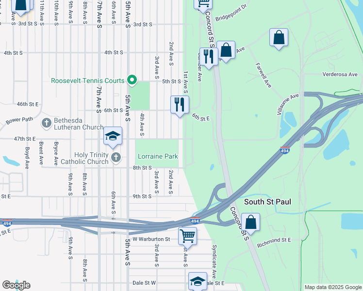 map of restaurants, bars, coffee shops, grocery stores, and more near 657 1st Avenue South in South Saint Paul
