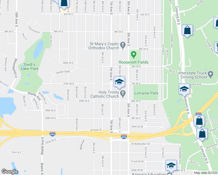 map of restaurants, bars, coffee shops, grocery stores, and more near 720 7th Street South in South Saint Paul