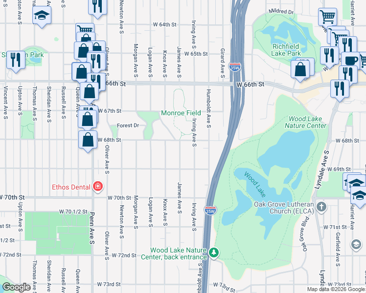 map of restaurants, bars, coffee shops, grocery stores, and more near 6744 Irving Avenue South in Minneapolis