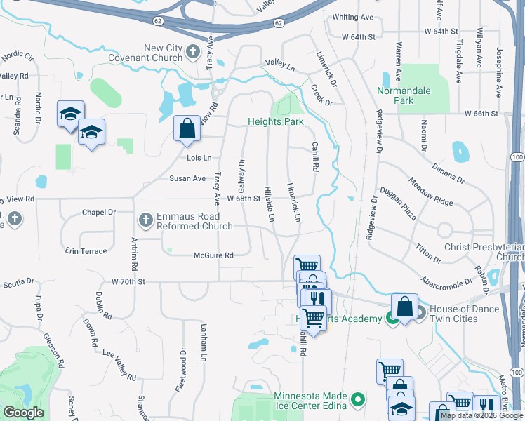 map of restaurants, bars, coffee shops, grocery stores, and more near 6800 Hillside Lane in Edina