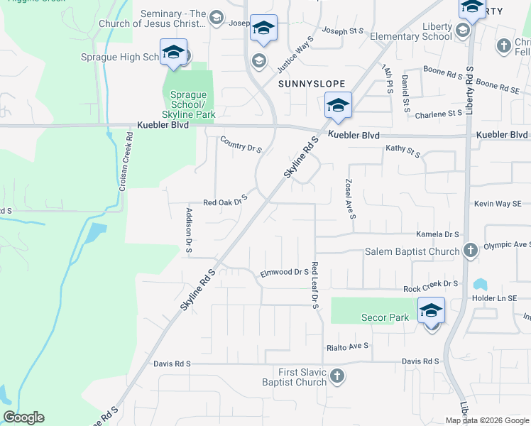 map of restaurants, bars, coffee shops, grocery stores, and more near 5235 Springcrest Drive South in Salem