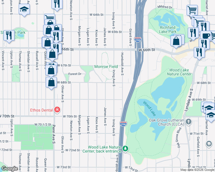 map of restaurants, bars, coffee shops, grocery stores, and more near 6744 Irving Avenue South in Minneapolis
