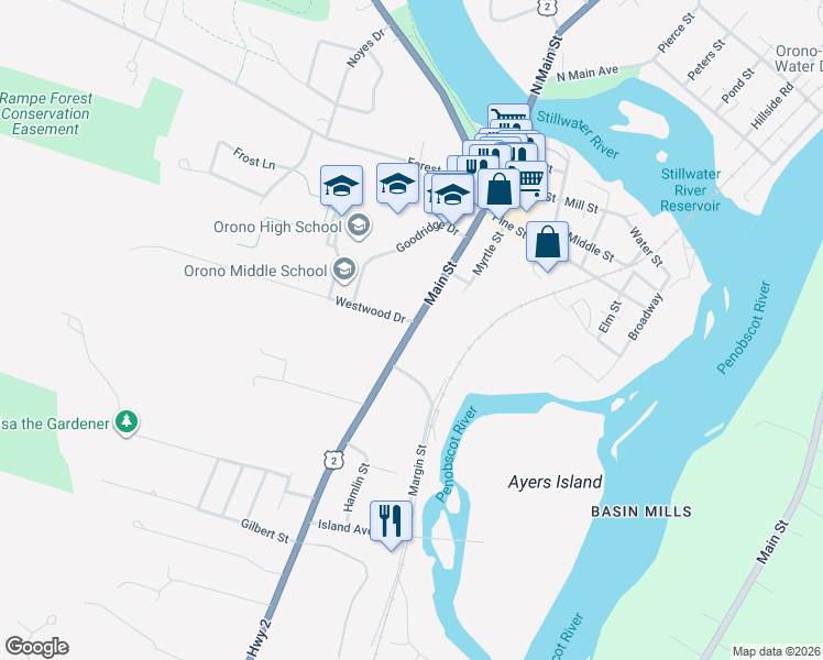 map of restaurants, bars, coffee shops, grocery stores, and more near 120 Main Street in Orono