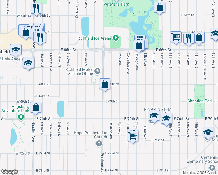 map of restaurants, bars, coffee shops, grocery stores, and more near 614 East 68th Street in Minneapolis