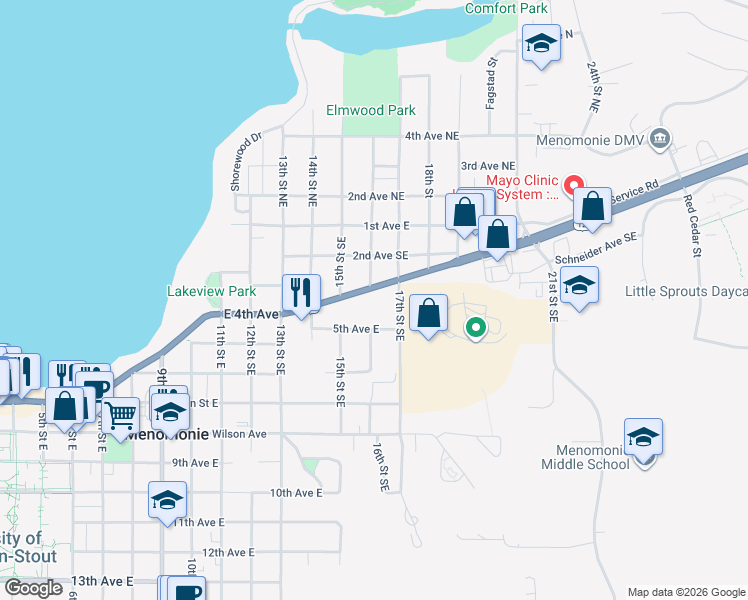 map of restaurants, bars, coffee shops, grocery stores, and more near 1602 Stout Road in Menomonie