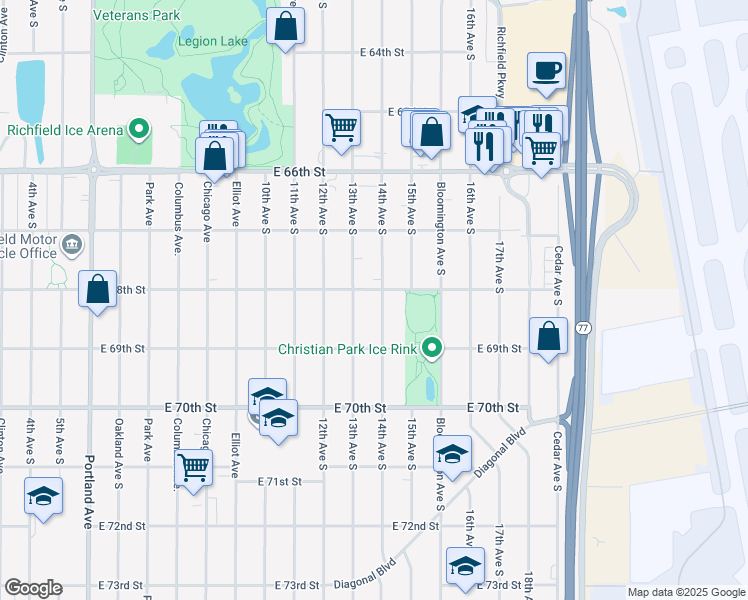 map of restaurants, bars, coffee shops, grocery stores, and more near 6745 13th Avenue South in Minneapolis