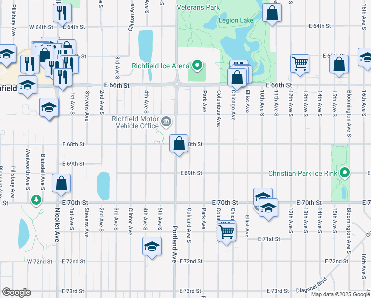 map of restaurants, bars, coffee shops, grocery stores, and more near 614 East 68th Street in Minneapolis