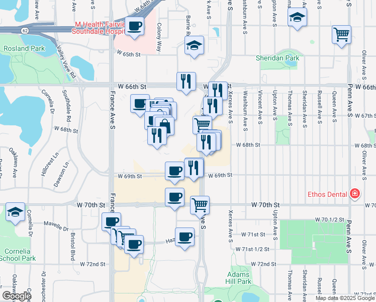 map of restaurants, bars, coffee shops, grocery stores, and more near Unnamed Road in Edina