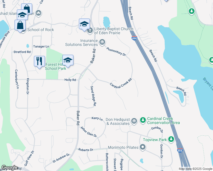 map of restaurants, bars, coffee shops, grocery stores, and more near 13225 Cardinal Creek Road in Eden Prairie