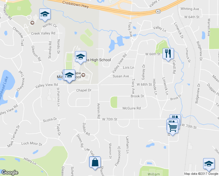 map of restaurants, bars, coffee shops, grocery stores, and more near 5809 West 68th Street in Minneapolis