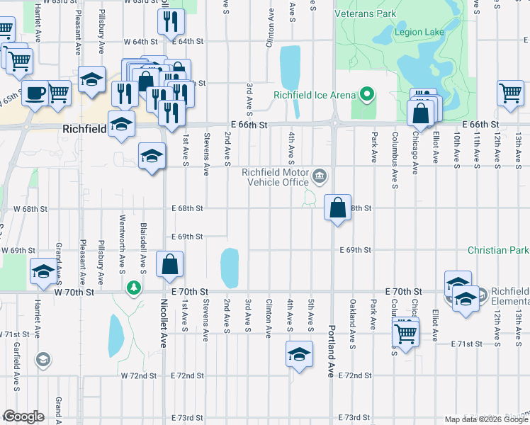 map of restaurants, bars, coffee shops, grocery stores, and more near 6743 Clinton Avenue in Minneapolis
