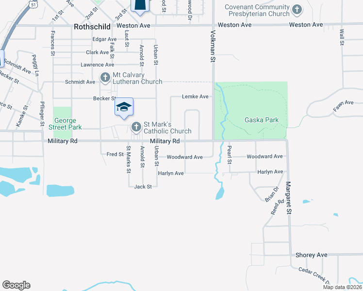 map of restaurants, bars, coffee shops, grocery stores, and more near 1107 Military Road in Rothschild