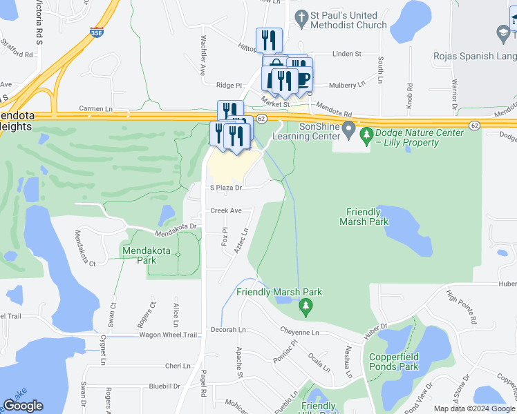 map of restaurants, bars, coffee shops, grocery stores, and more near 2106 Aztec Lane in Mendota Heights