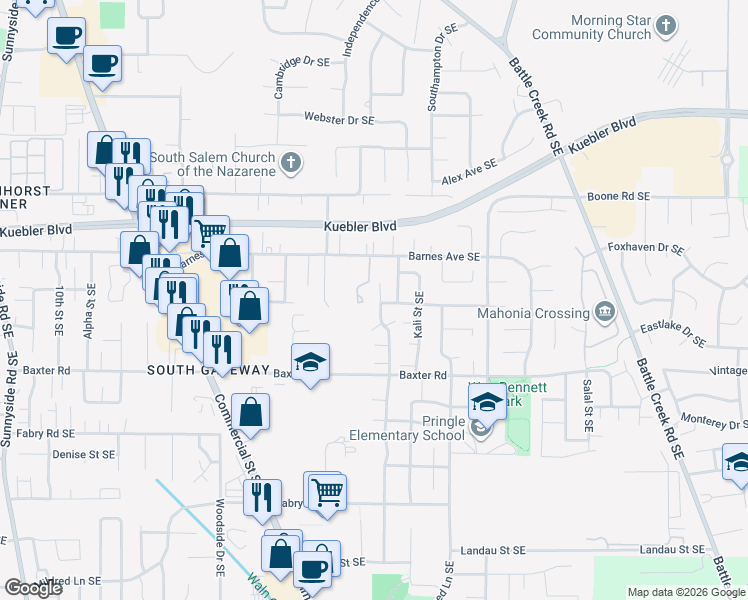 map of restaurants, bars, coffee shops, grocery stores, and more near 1720 Barnes Avenue Southeast in Salem
