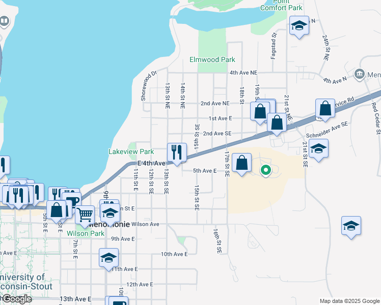 map of restaurants, bars, coffee shops, grocery stores, and more near 1415 Stout Road in Menomonie
