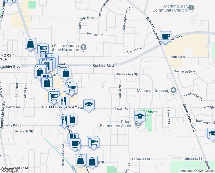 map of restaurants, bars, coffee shops, grocery stores, and more near 1720 Barnes Avenue Southeast in Salem
