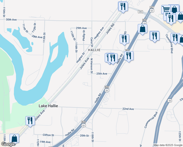 map of restaurants, bars, coffee shops, grocery stores, and more near 2555 118th Street in Chippewa Falls