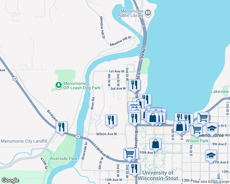 map of restaurants, bars, coffee shops, grocery stores, and more near 218 3rd Avenue West in Menomonie