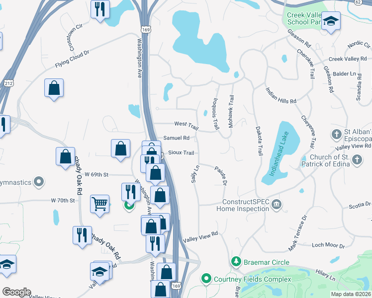 map of restaurants, bars, coffee shops, grocery stores, and more near 6712 Sioux Trail in Minneapolis