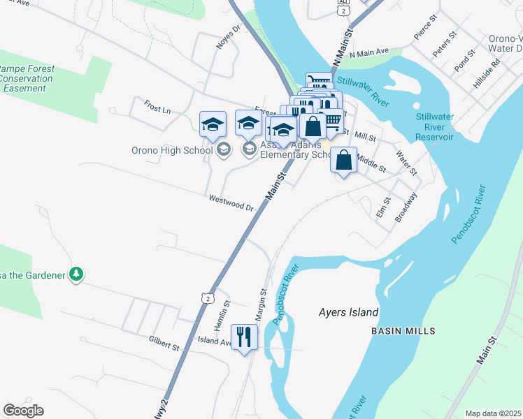 map of restaurants, bars, coffee shops, grocery stores, and more near 114 Main Street in Orono