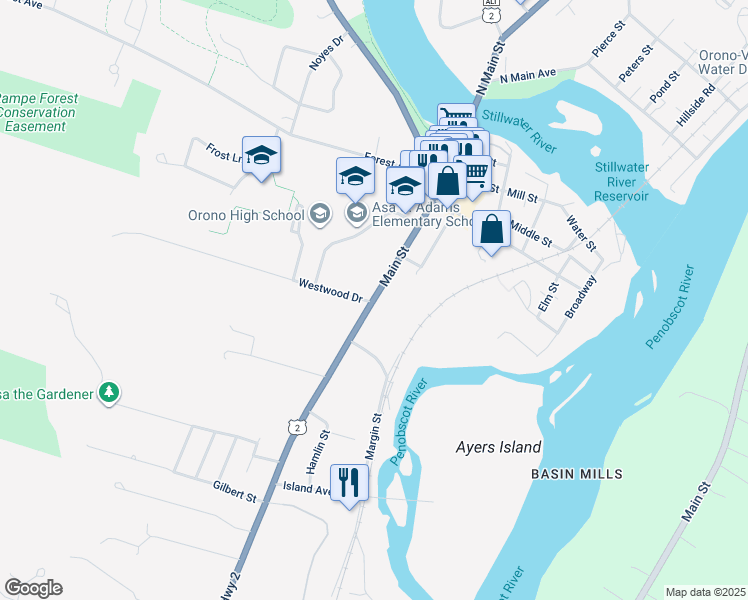 map of restaurants, bars, coffee shops, grocery stores, and more near 114 Main Street in Orono