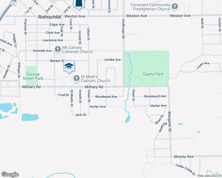 map of restaurants, bars, coffee shops, grocery stores, and more near 1107 Military Road in Rothschild
