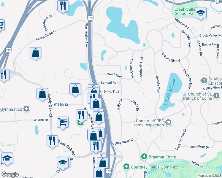 map of restaurants, bars, coffee shops, grocery stores, and more near 6712 Sioux Trail in Minneapolis