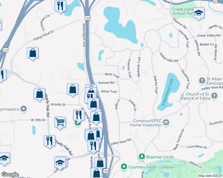 map of restaurants, bars, coffee shops, grocery stores, and more near 6712 Sioux Trail in Minneapolis