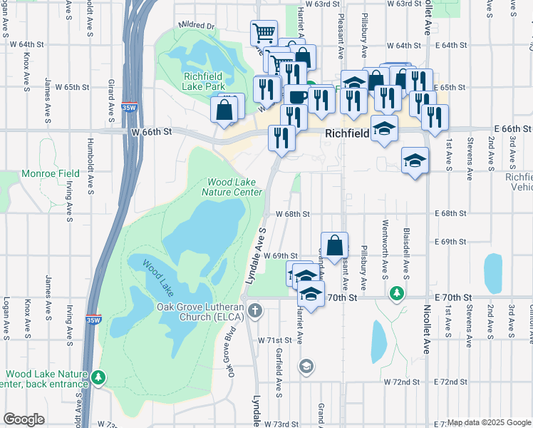 map of restaurants, bars, coffee shops, grocery stores, and more near 6824 Lyndale Avenue South in Richfield