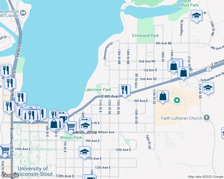 map of restaurants, bars, coffee shops, grocery stores, and more near 302 12th Street Northeast in Menomonie
