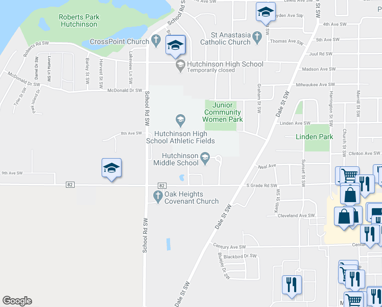 map of restaurants, bars, coffee shops, grocery stores, and more near 1365 South Grade Road Southwest in Hutchinson