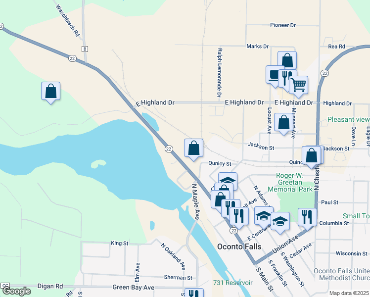 map of restaurants, bars, coffee shops, grocery stores, and more near 610 North Main Street in Oconto Falls