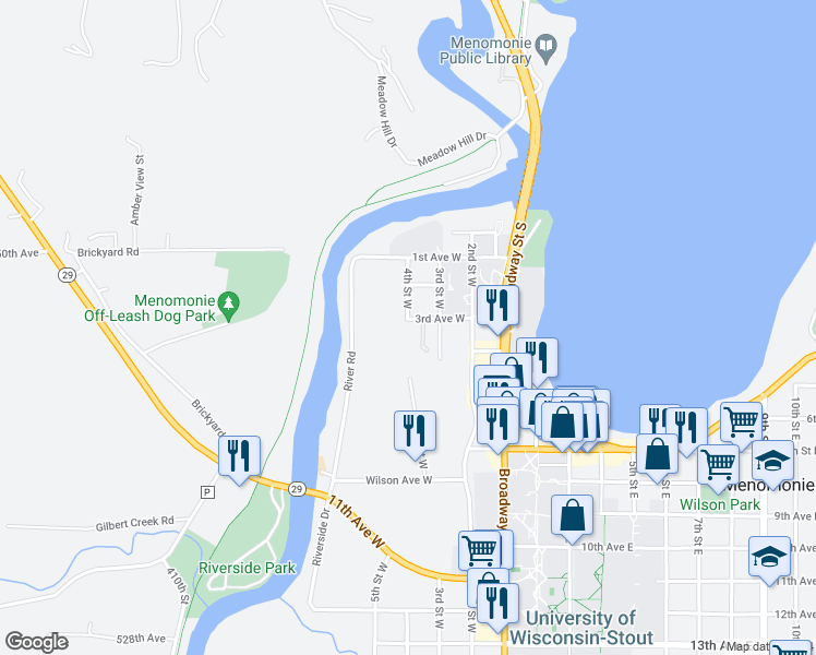 map of restaurants, bars, coffee shops, grocery stores, and more near 320 3rd Avenue West in Menomonie