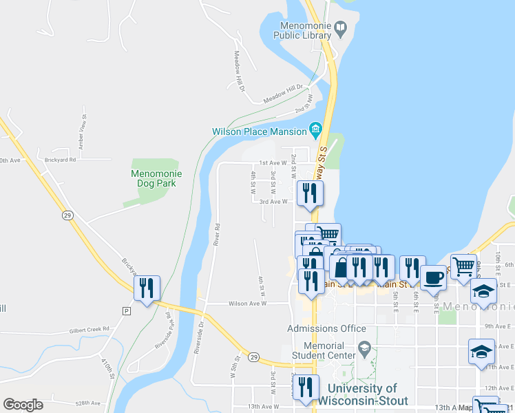 map of restaurants, bars, coffee shops, grocery stores, and more near 320 3rd Avenue West in Menomonie