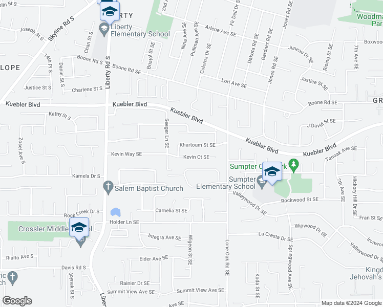 map of restaurants, bars, coffee shops, grocery stores, and more near 335 Kevin Court Southeast in Salem