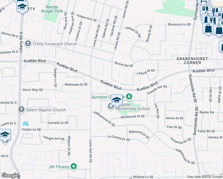 map of restaurants, bars, coffee shops, grocery stores, and more near 5235 Tariff Court Southeast in Salem