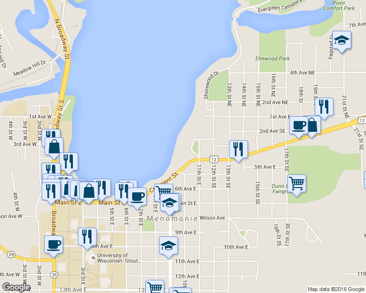 map of restaurants, bars, coffee shops, grocery stores, and more near 323 Park Circle in Menomonie